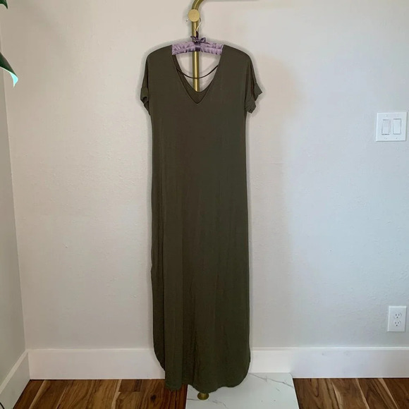 Women's Army Green Casual Loose Maxi Dress V-Neck Short Sleeve Pockets Size S - Picture 6 of 10